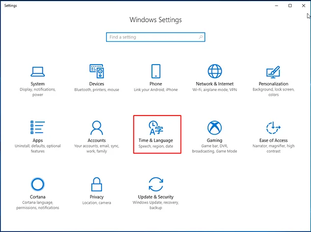 Klikoni Windows + I për të hapur dritaren e Cilësimeve dhe pastaj kliko Koha dhe Gjuha