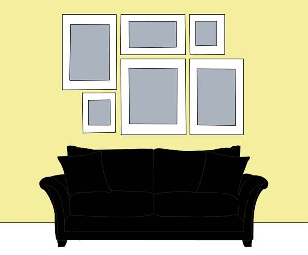 Класичний варіант розміщення картин у вітальні - над диваном або іншим великим, але невисоким предметом меблів