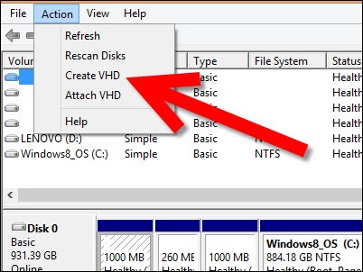 msc in прогін і дати вводити), А потім натисніть Управління диском (У списку ліворуч)   у верхній частині вікна, натисніть на Екшен (близько філе) І виберіть Створити віртуальний жорсткий диск меню, яке відображається