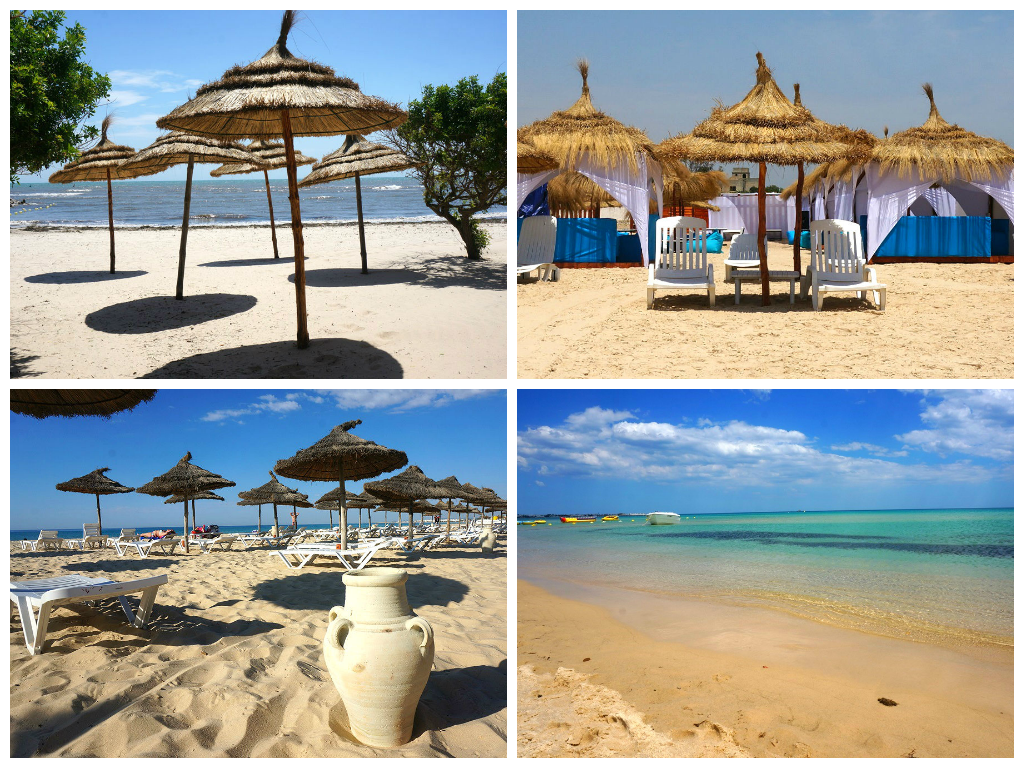 Рівні ряди солом'яних парасольок, білосніжні лежаки на золотому піску і зливається на горизонті з блакитним небом морська бірюза