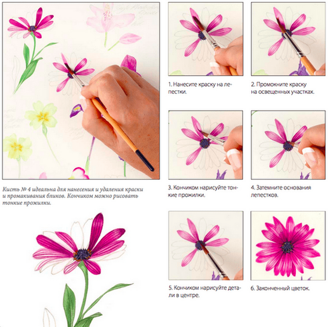 Кисть утримує і віддає оптимальну кількість фарби, а довгі тонкі смужки на стеблі можна намалювати, що не набираючи фарбу заново