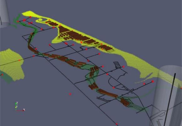 Визуализация элементов инфраструктуры и некоторых соляных тел на уровне добычи 600 м в шахте Клодава;  красные точки - зарегистрированные явления воды, горизонтальные черные линии - шнуры и транспортные валы, коричневый цвет - камеры эксплуатации, диапазон более старых осадков (Na2 - желтый) и самой молодой (Na4 - зеленый) каменной соли