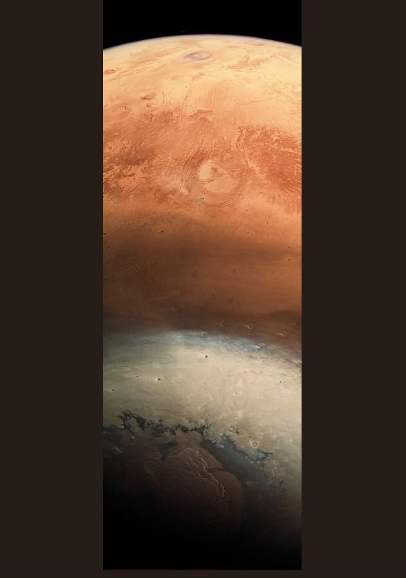 На фото добре видно розломи, каньйони і вулкани Марса, в тому числі величезний Альба Монс