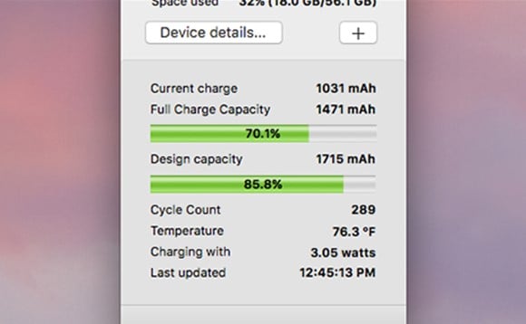 Тут із поточним рівень заряду батареї (Current Charge), максимальна ємність батареї (Full Charge Capacity), початкова ємність батареї (Design capacity), кількість циклів зарядки батареї (Cycle Count), а також інші параметри