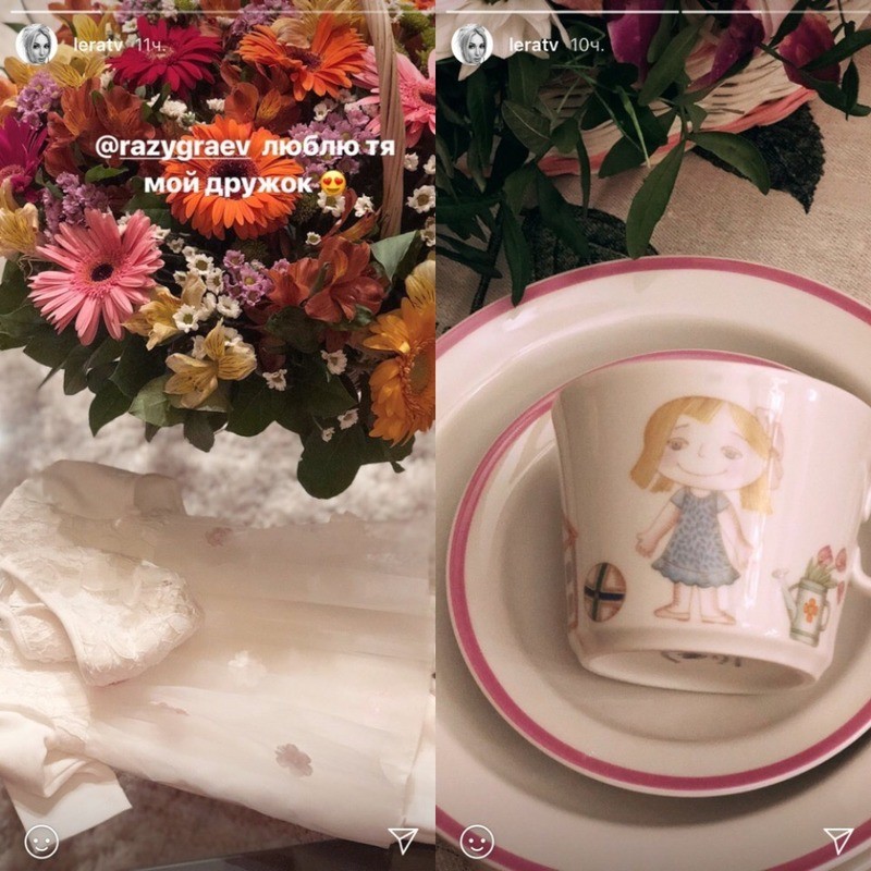 Першим з народженням дочки 47-річну телеведучу привітав Андрій Разиграєв: він подарував Марії комплект дитячого посуду і одяг для хрещення, а самій Лері - букет квітів